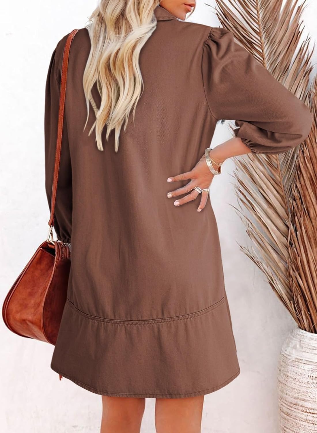 image:imageDokotoo Denim Dress for Women Fall 34 Puff Sleeve Babydoll Jean DressBrown