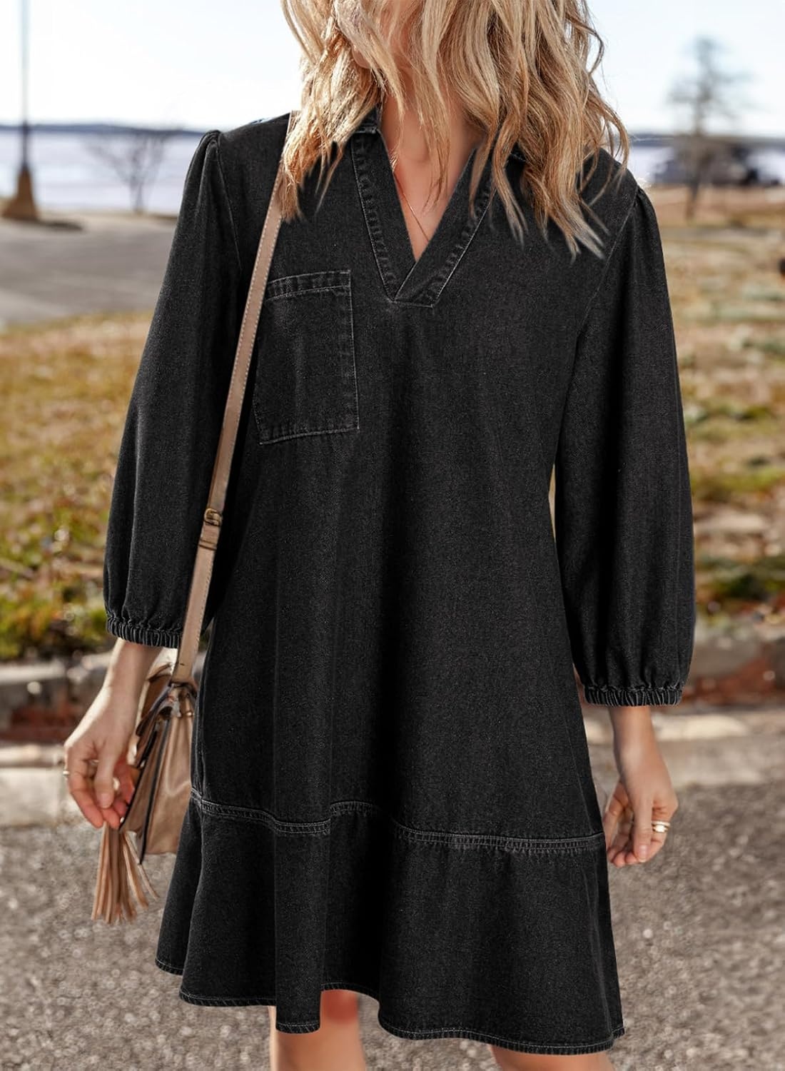 image:imageDokotoo Denim Dress for Women Fall 34 Puff Sleeve Babydoll Jean DressCarbon Grey