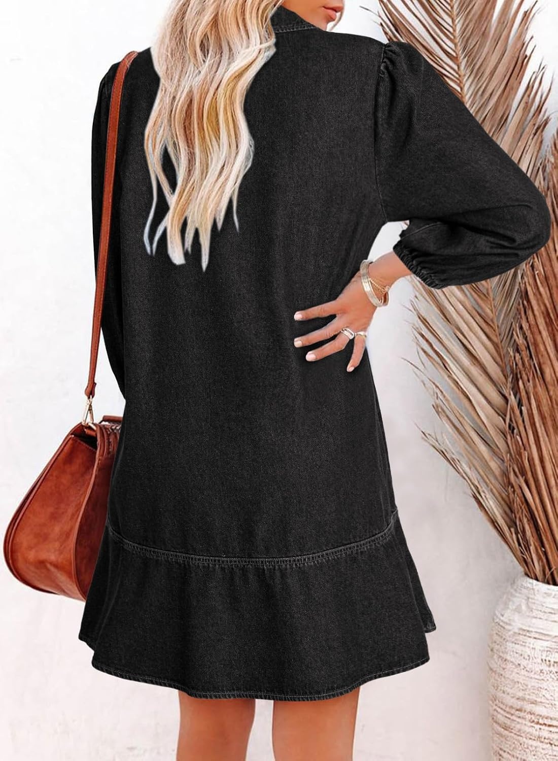 image:imageDokotoo Denim Dress for Women Fall 34 Puff Sleeve Babydoll Jean DressCarbon Grey