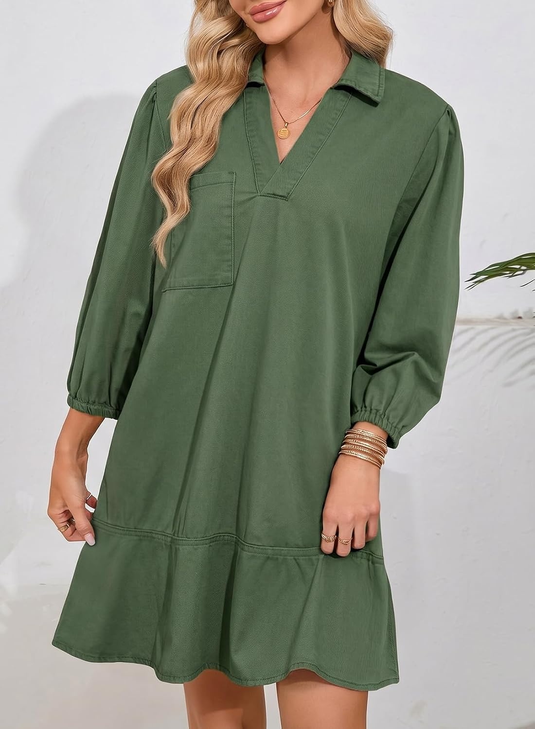 image:imageDokotoo Denim Dress for Women Fall 34 Puff Sleeve Babydoll Jean DressDark Green