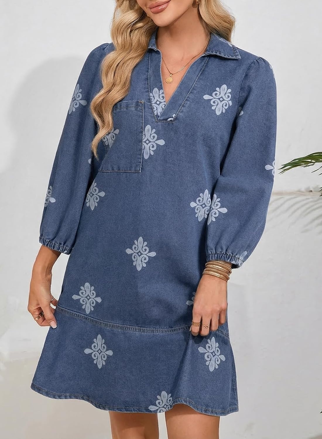 image:imageDokotoo Denim Dress for Women Fall 34 Puff Sleeve Babydoll Jean DressFloral Blue