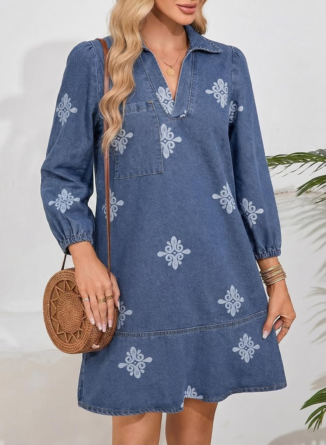 image:imageDokotoo Denim Dress for Women Fall 34 Puff Sleeve Babydoll Jean DressFloral Blue