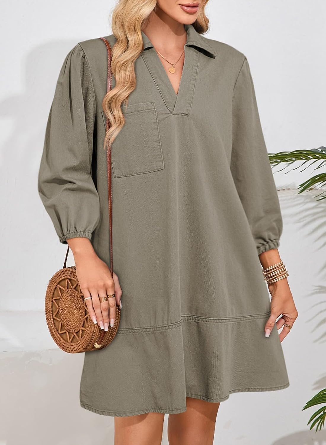 image:imageDokotoo Denim Dress for Women Fall 34 Puff Sleeve Babydoll Jean DressGreen