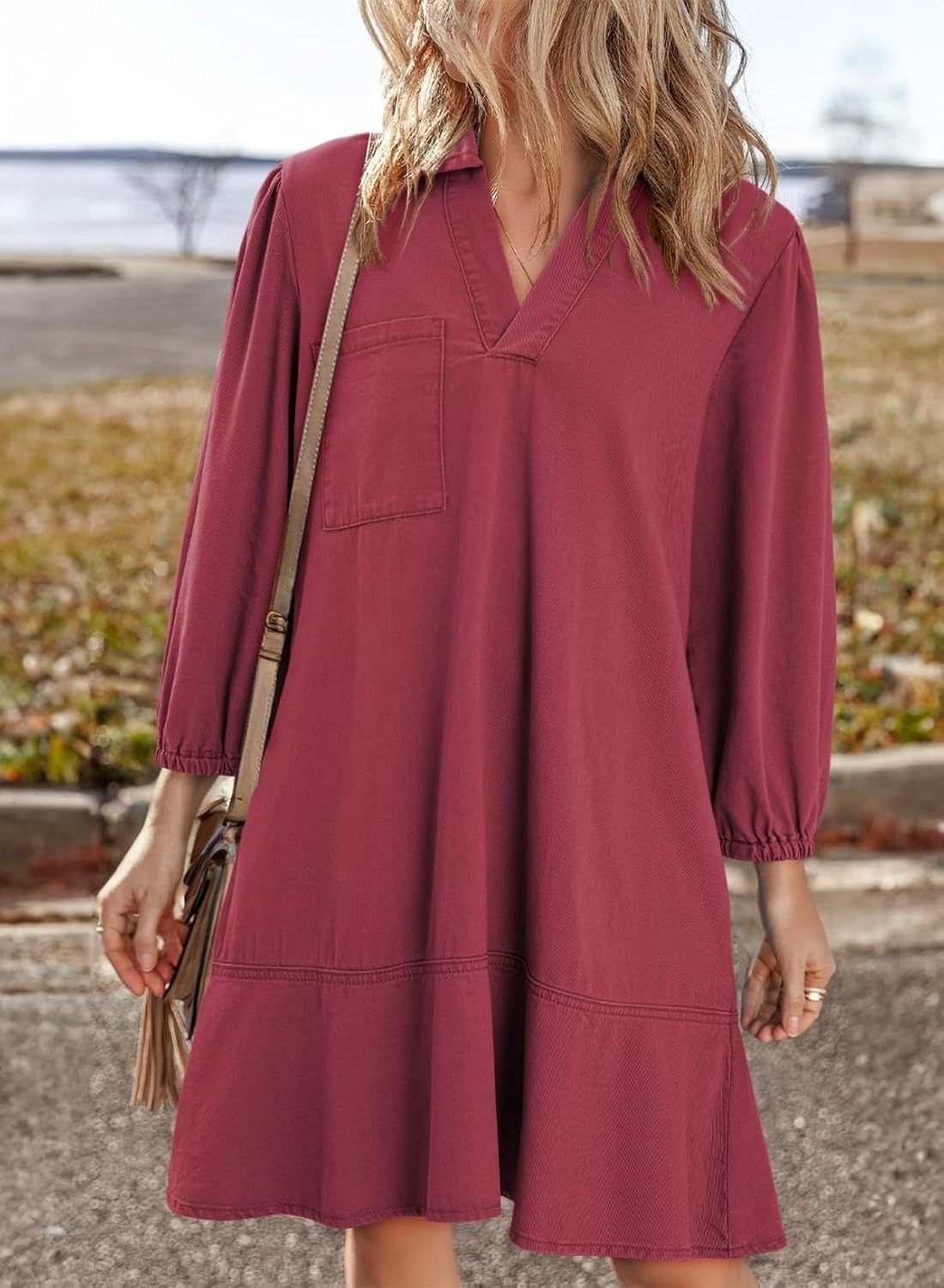 image:imageDokotoo Denim Dress for Women Fall 34 Puff Sleeve Babydoll Jean DressRed