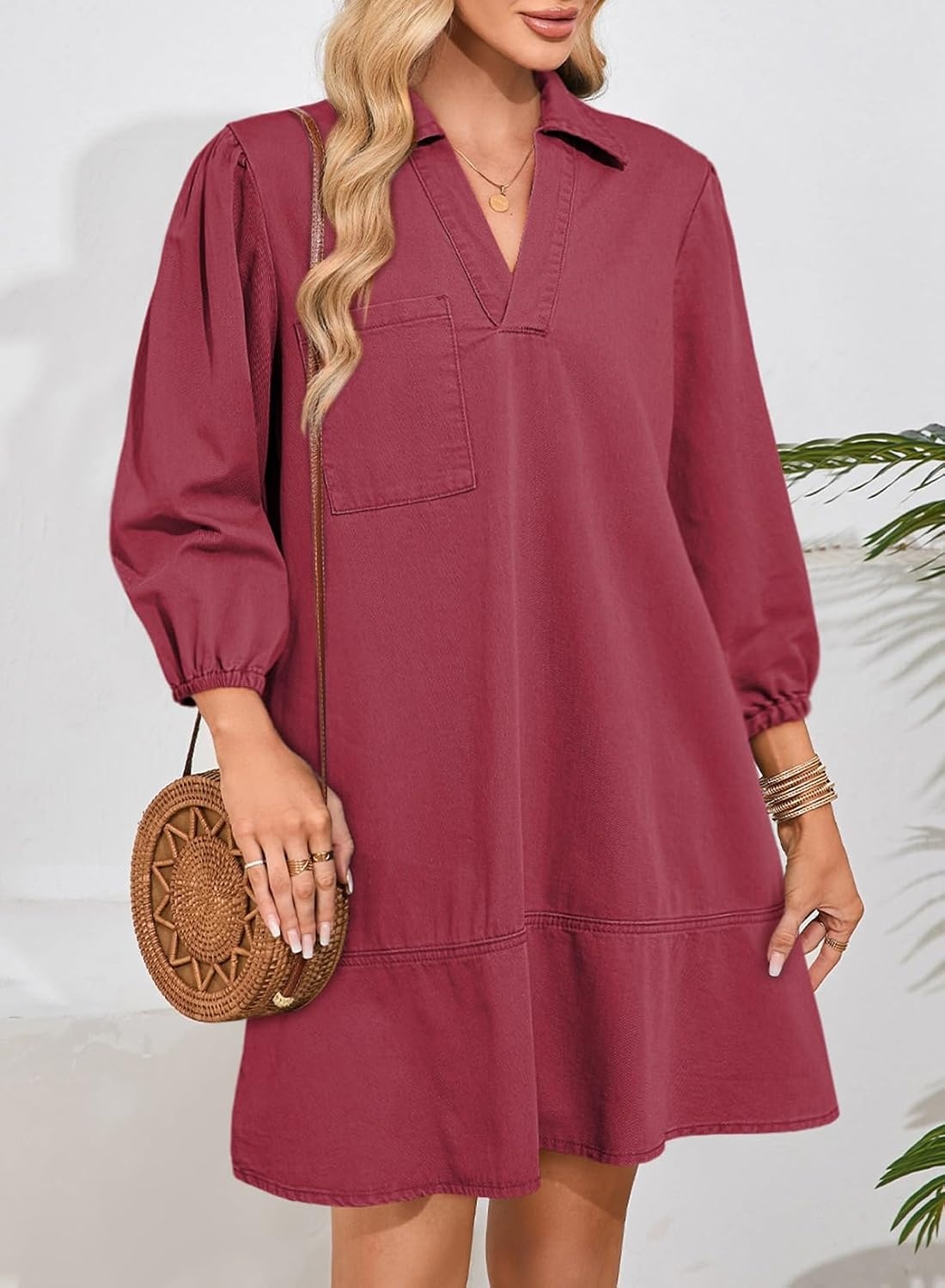 image:imageDokotoo Denim Dress for Women Fall 34 Puff Sleeve Babydoll Jean DressRed