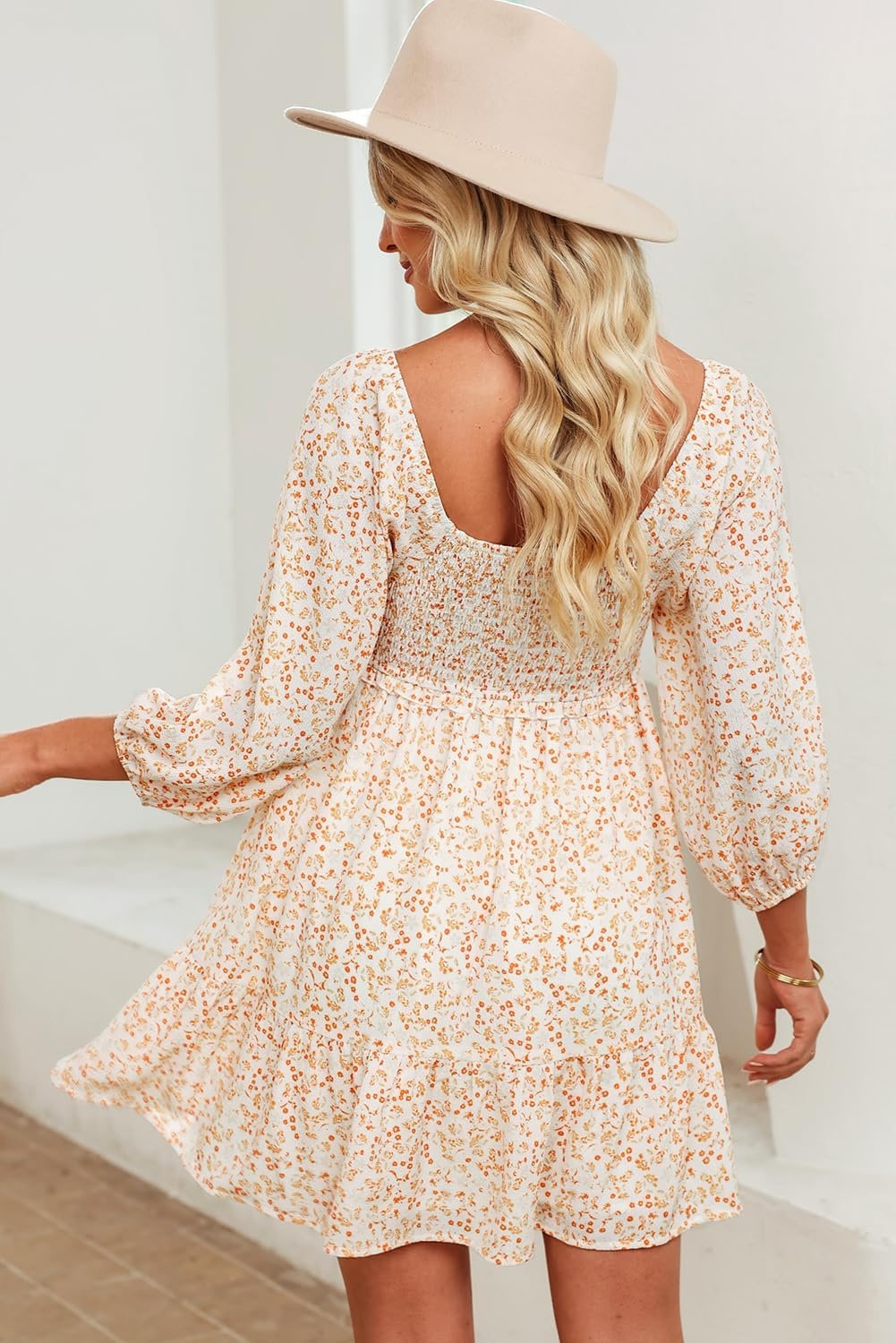 image:imageDokotoo Fall Dresses for Women 2025 Boho Floral Square Neck Smocked 34 Sleeve Casual ALine Swing Mini Dress SundressBeige