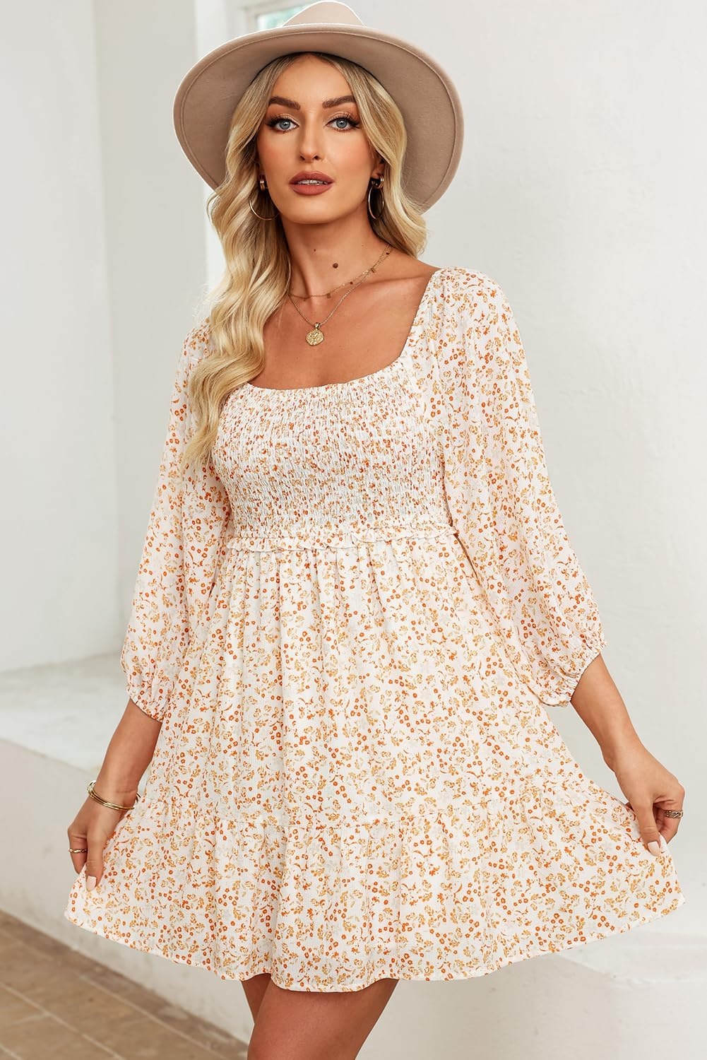 image:imageDokotoo Fall Dresses for Women 2025 Boho Floral Square Neck Smocked 34 Sleeve Casual ALine Swing Mini Dress SundressBeige