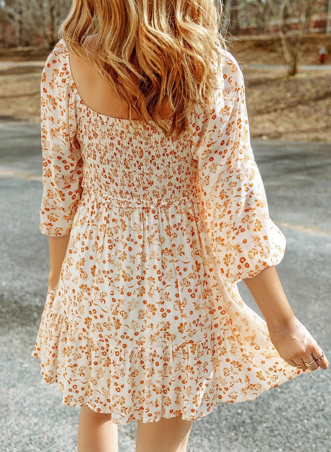 image:imageDokotoo Fall Dresses for Women 2025 Boho Floral Square Neck Smocked 34 Sleeve Casual ALine Swing Mini Dress SundressBeige