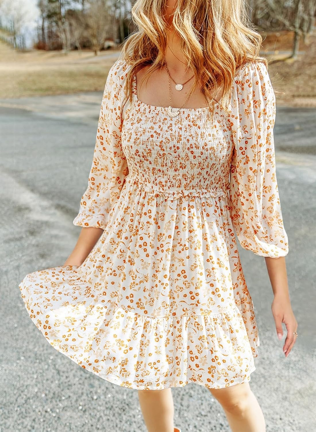 image:imageDokotoo Fall Dresses for Women 2025 Boho Floral Square Neck Smocked 34 Sleeve Casual ALine Swing Mini Dress SundressBeige