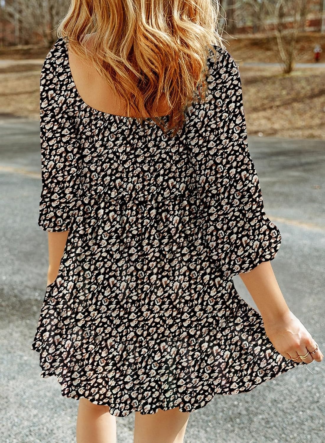 image:imageDokotoo Fall Dresses for Women 2025 Boho Floral Square Neck Smocked 34 Sleeve Casual ALine Swing Mini Dress SundressBlack 1
