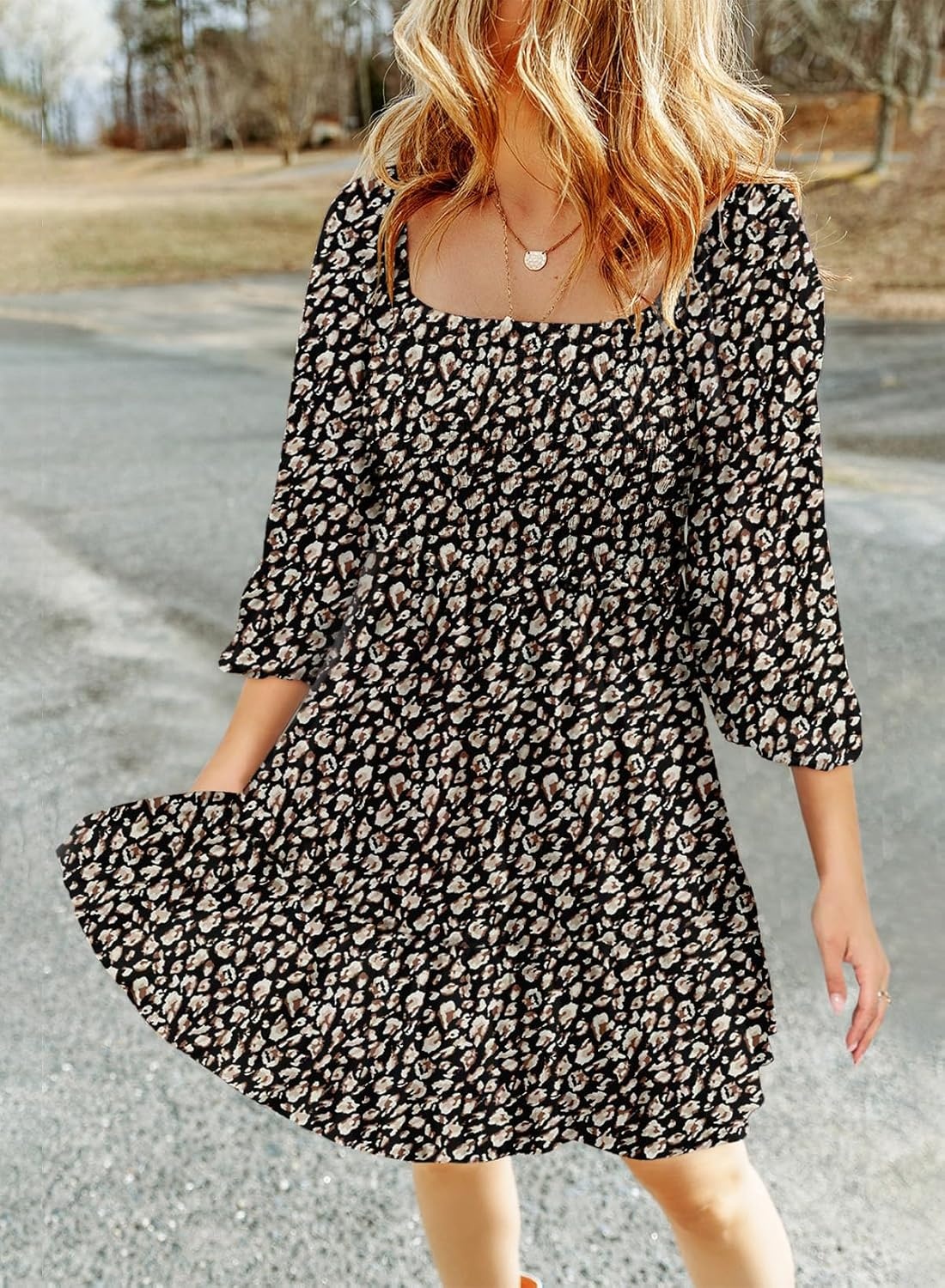 image:imageDokotoo Fall Dresses for Women 2025 Boho Floral Square Neck Smocked 34 Sleeve Casual ALine Swing Mini Dress SundressBlack 1