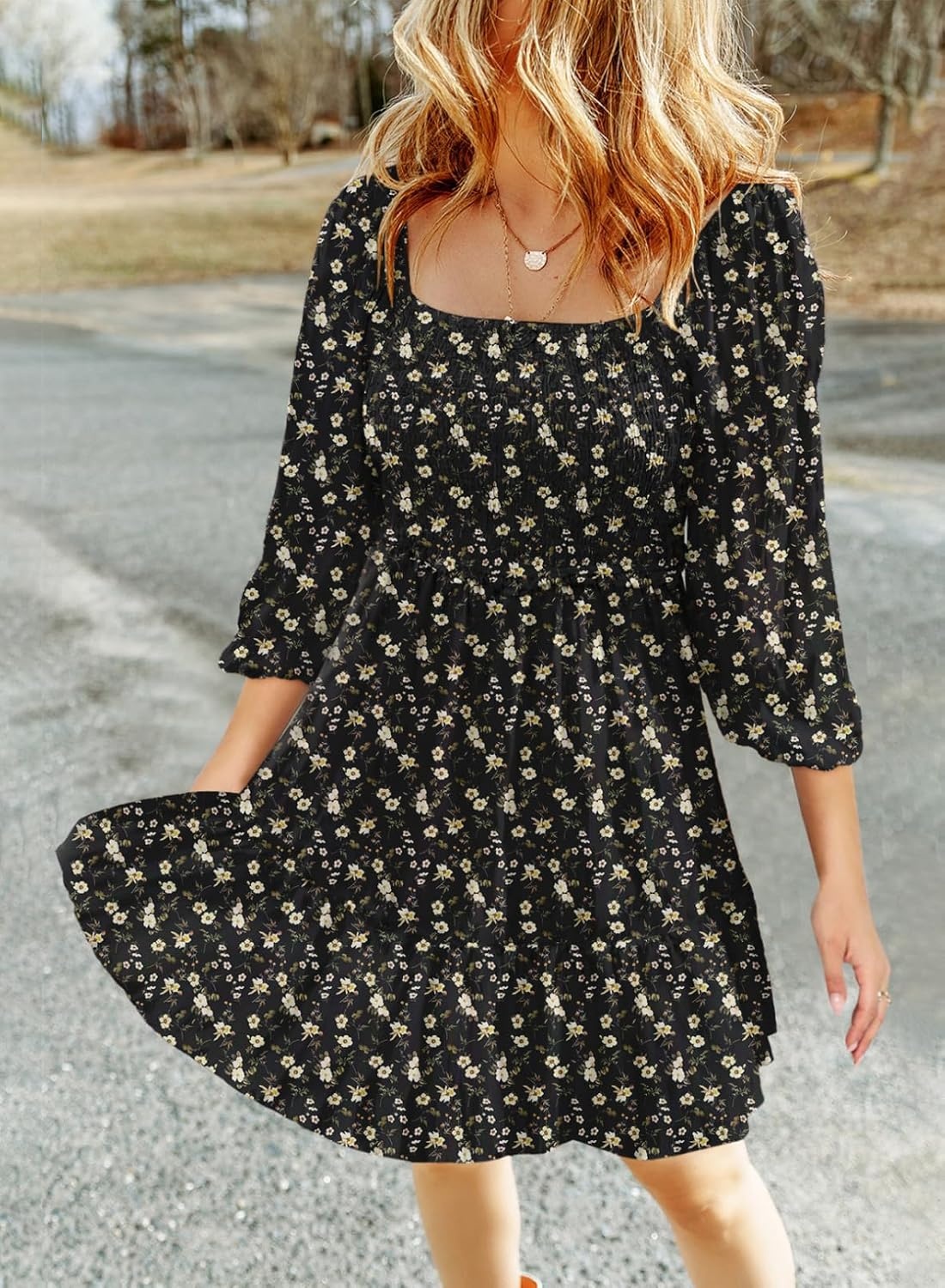image:imageDokotoo Fall Dresses for Women 2025 Boho Floral Square Neck Smocked 34 Sleeve Casual ALine Swing Mini Dress SundressBlack