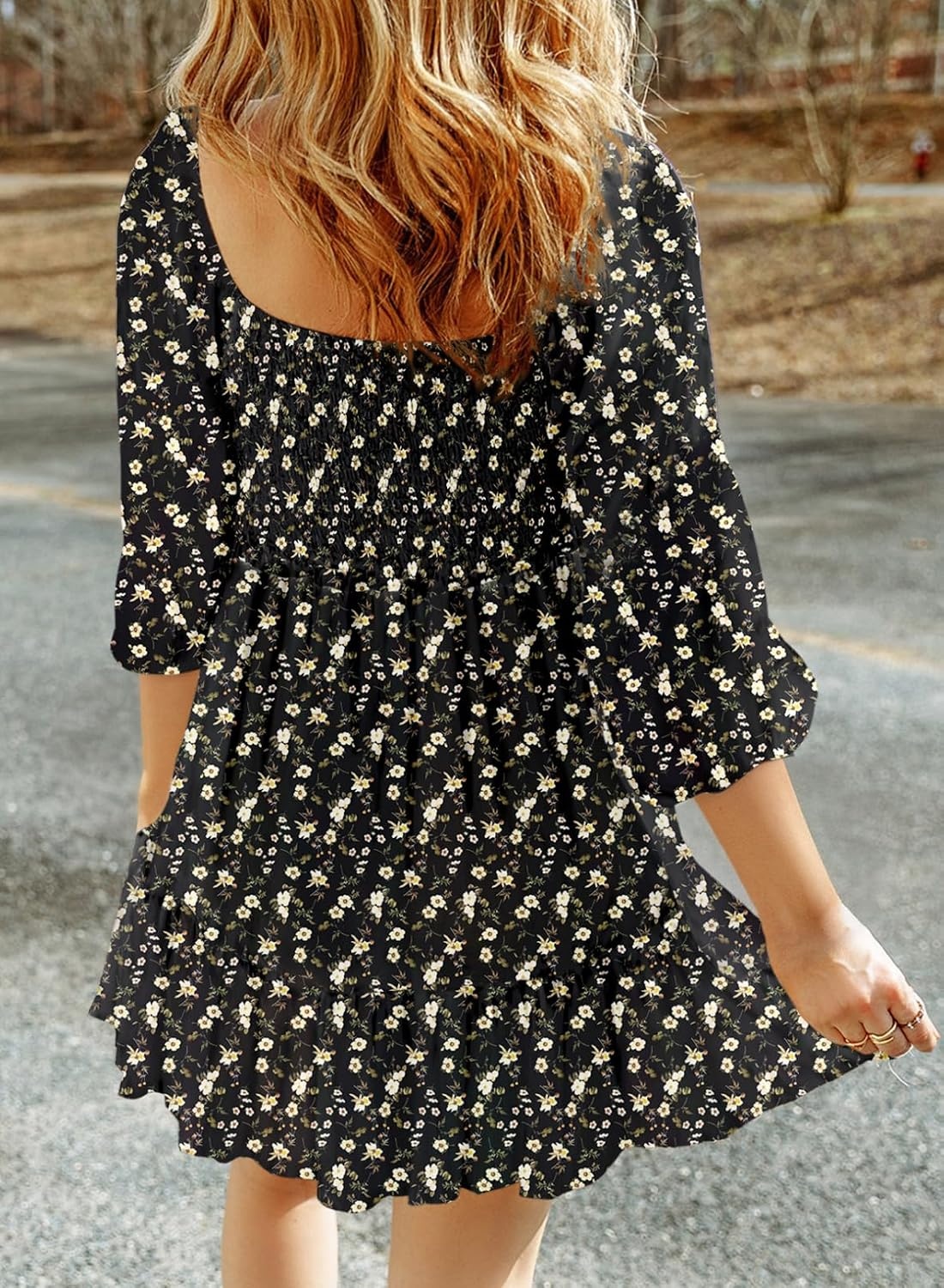 image:imageDokotoo Fall Dresses for Women 2025 Boho Floral Square Neck Smocked 34 Sleeve Casual ALine Swing Mini Dress SundressBlack