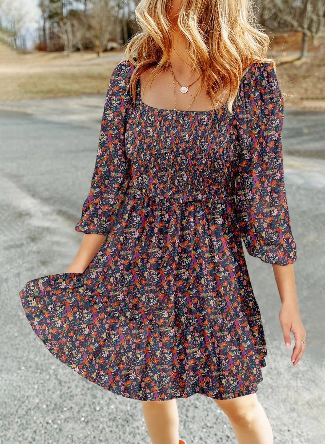 image:imageDokotoo Fall Dresses for Women 2025 Boho Floral Square Neck Smocked 34 Sleeve Casual ALine Swing Mini Dress SundressBlue