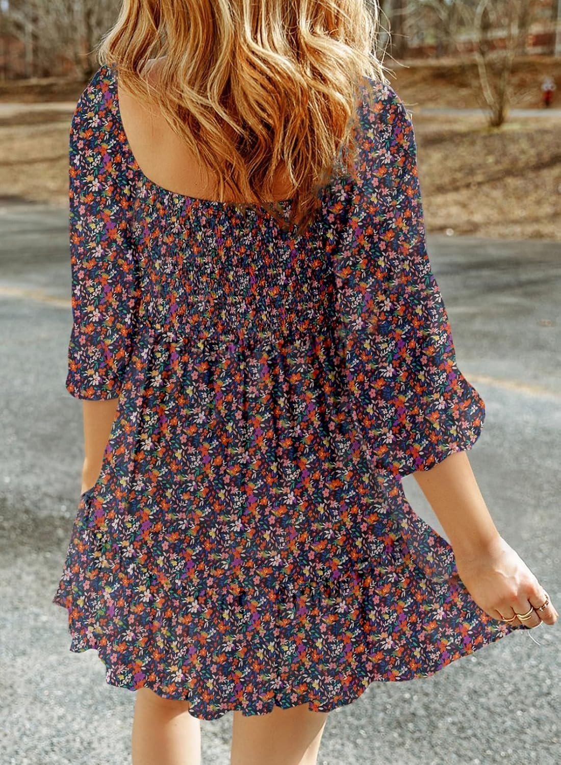 image:imageDokotoo Fall Dresses for Women 2025 Boho Floral Square Neck Smocked 34 Sleeve Casual ALine Swing Mini Dress SundressBlue