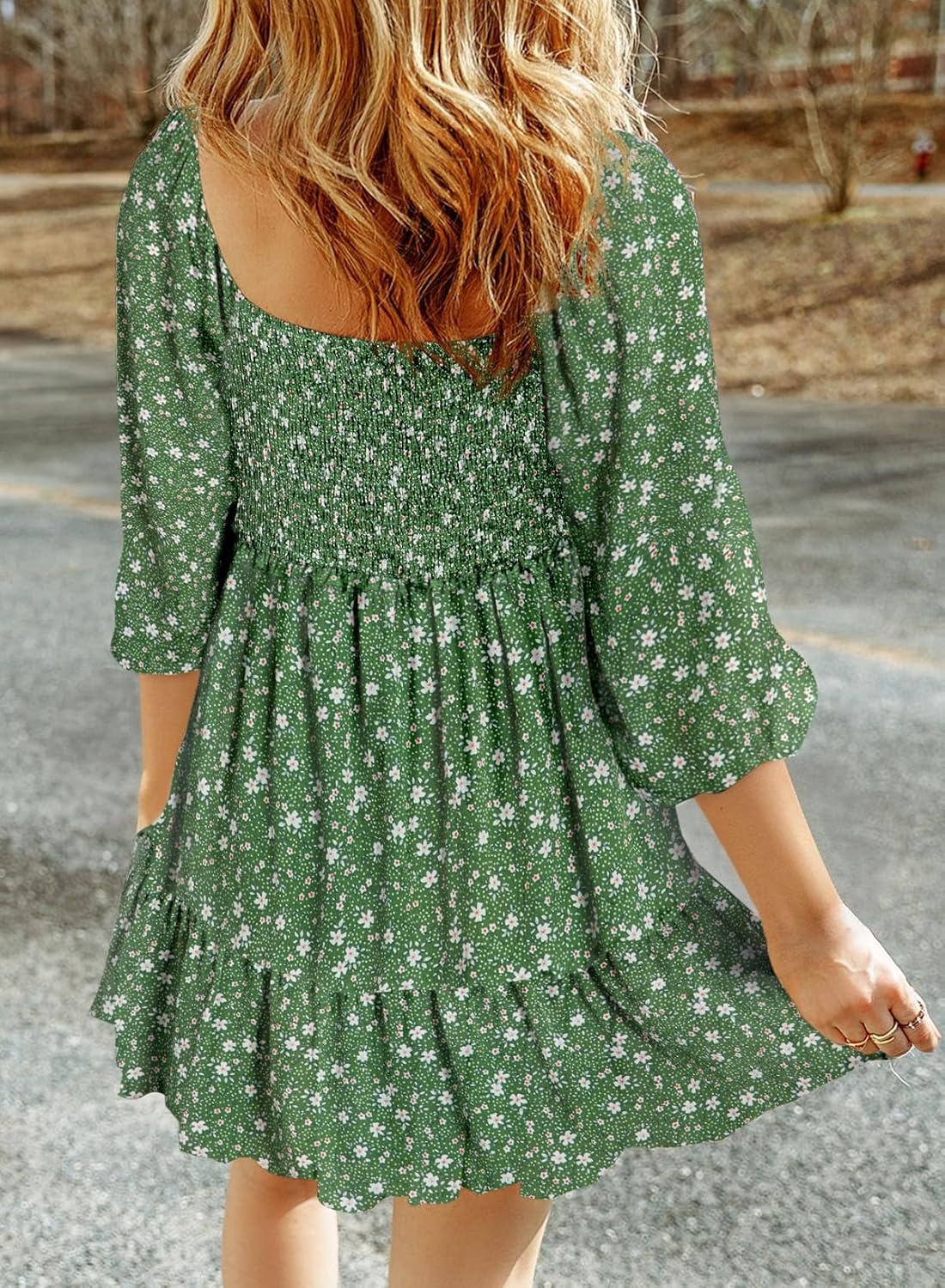 image:imageDokotoo Fall Dresses for Women 2025 Boho Floral Square Neck Smocked 34 Sleeve Casual ALine Swing Mini Dress SundressGreen