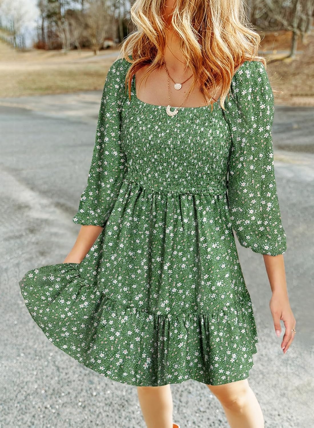 image:imageDokotoo Fall Dresses for Women 2025 Boho Floral Square Neck Smocked 34 Sleeve Casual ALine Swing Mini Dress SundressGreen