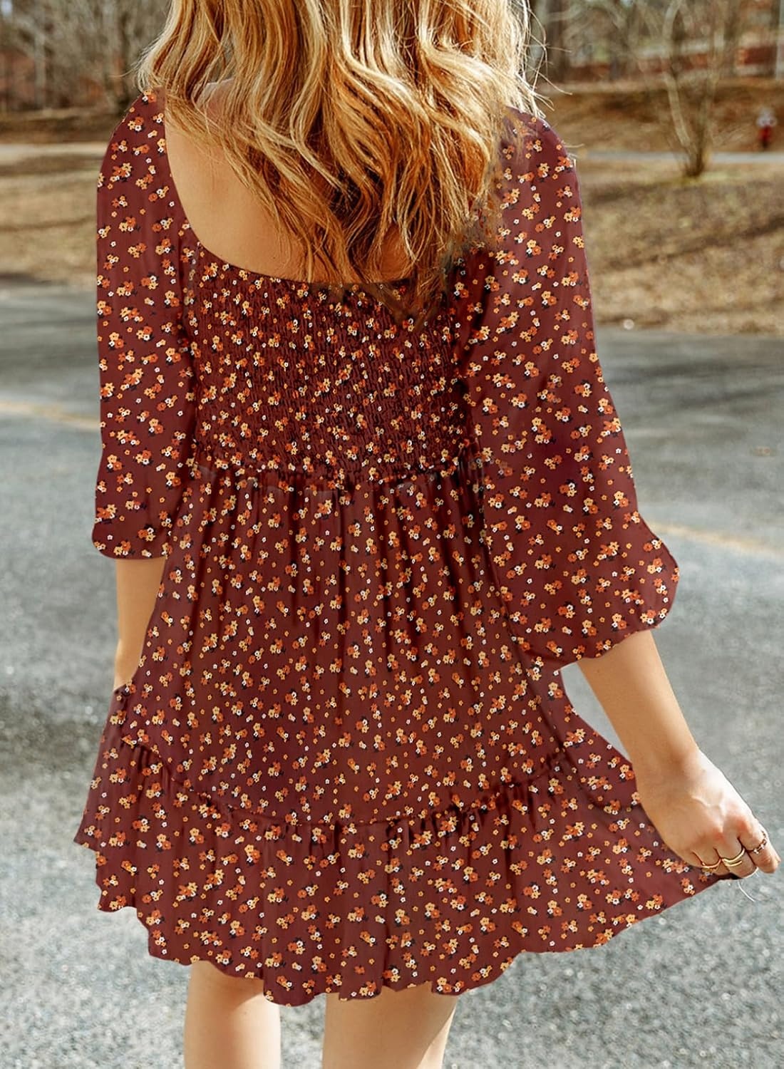 image:imageDokotoo Fall Dresses for Women 2025 Boho Floral Square Neck Smocked 34 Sleeve Casual ALine Swing Mini Dress SundressRed
