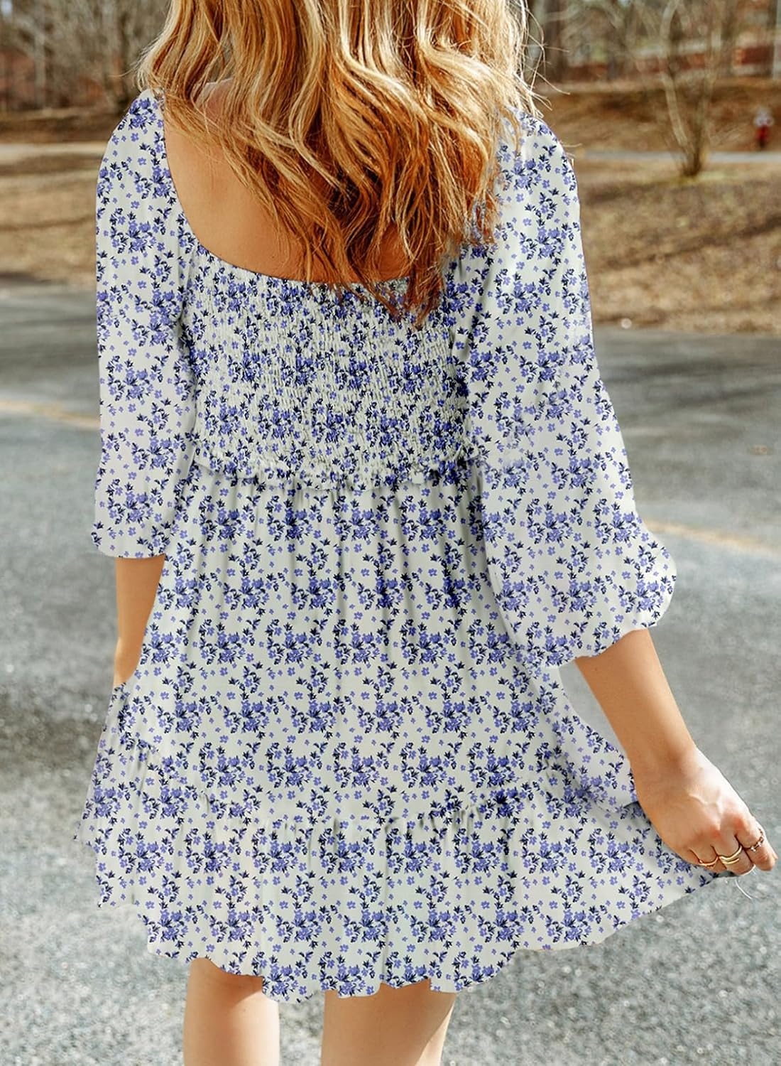 image:imageDokotoo Fall Dresses for Women 2025 Boho Floral Square Neck Smocked 34 Sleeve Casual ALine Swing Mini Dress SundressSky Blue