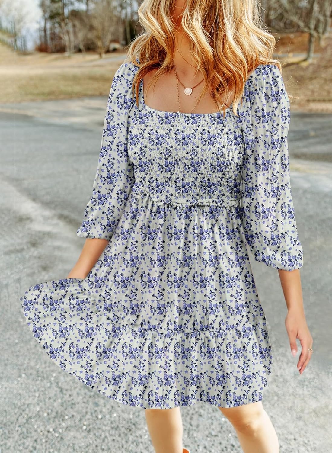 image:imageDokotoo Fall Dresses for Women 2025 Boho Floral Square Neck Smocked 34 Sleeve Casual ALine Swing Mini Dress SundressSky Blue