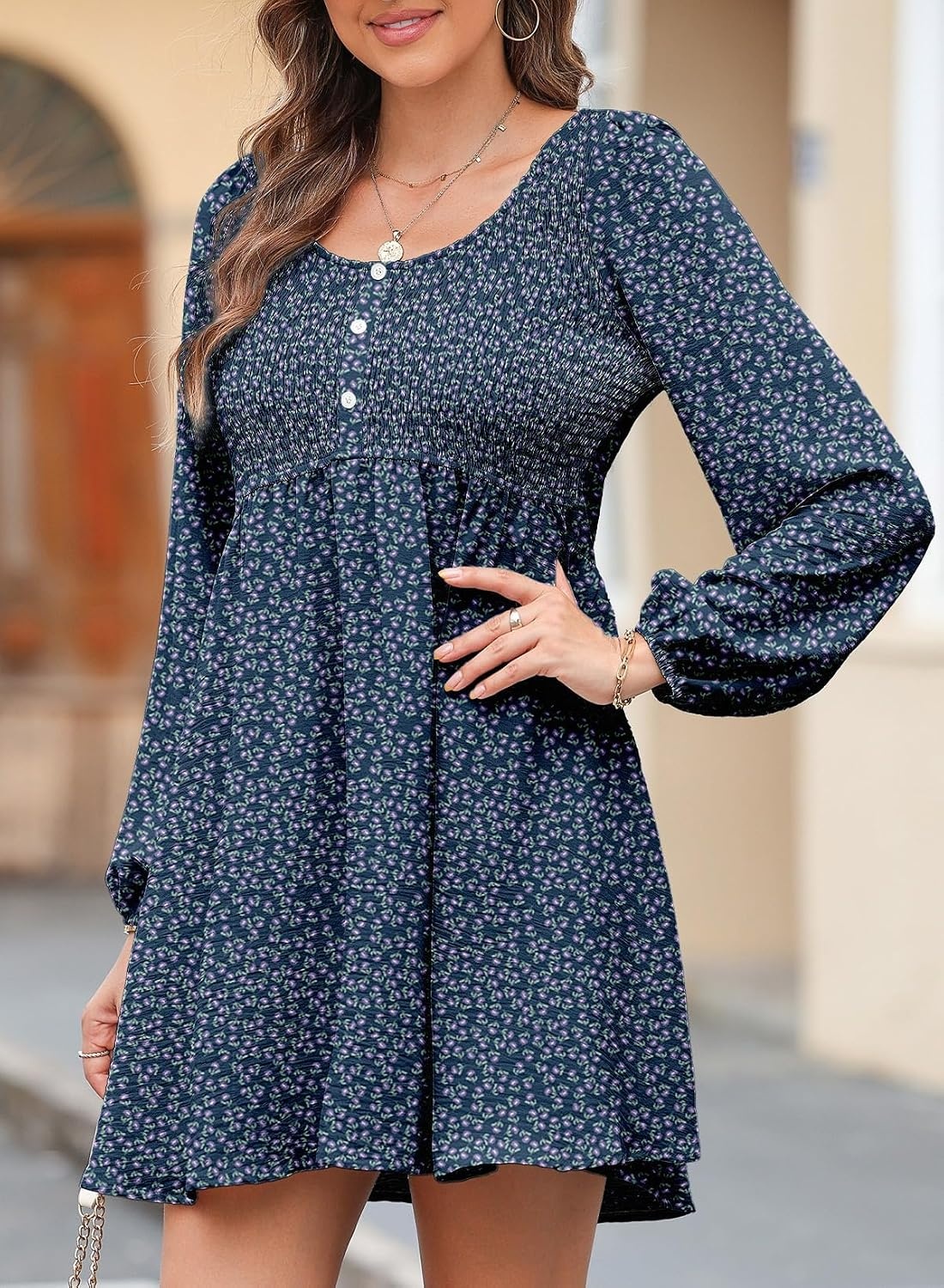 image:imageDokotoo Fall Dresses for Women 2026 Casual Long Sleeve Mini DressFloral Blue