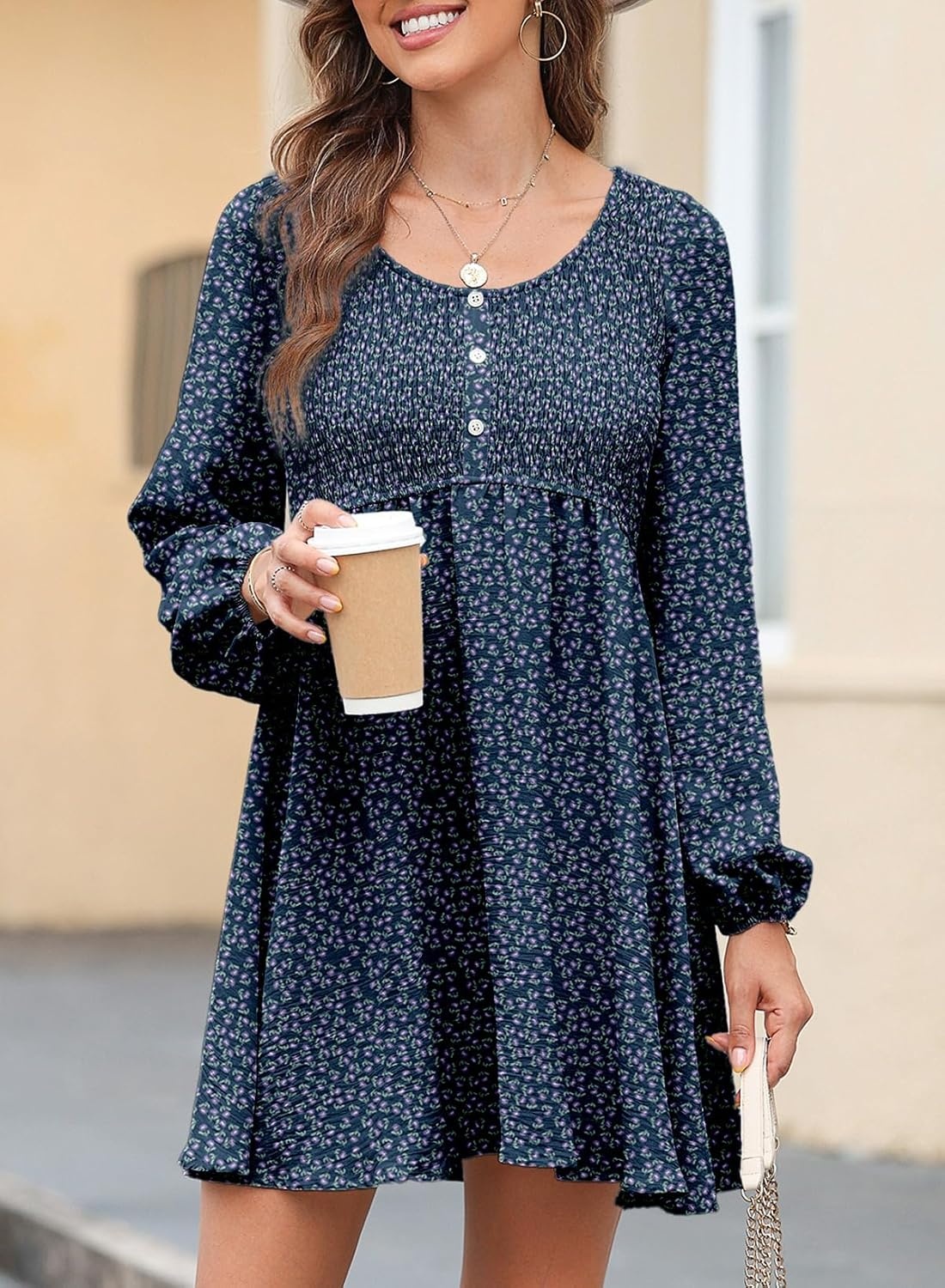 image:imageDokotoo Fall Dresses for Women 2026 Casual Long Sleeve Mini DressFloral Blue