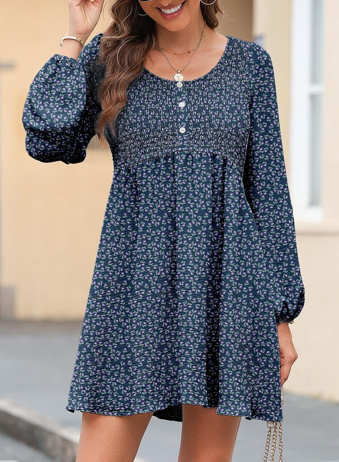 image:imageDokotoo Fall Dresses for Women 2026 Casual Long Sleeve Mini DressFloral Blue