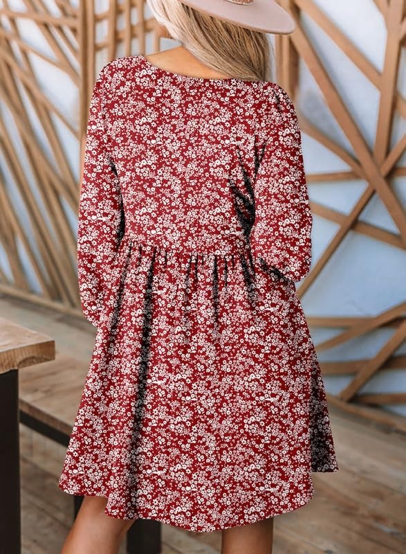 image:imageDokotoo Fall Dresses for Women 2026 Casual Long Sleeve Mini DressFloral Red