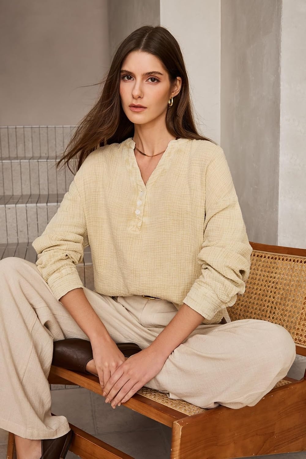 image:imageDokotoo Long Sleeve Shirts for Women Casual V Neck Oversized Blouses TopsApricot