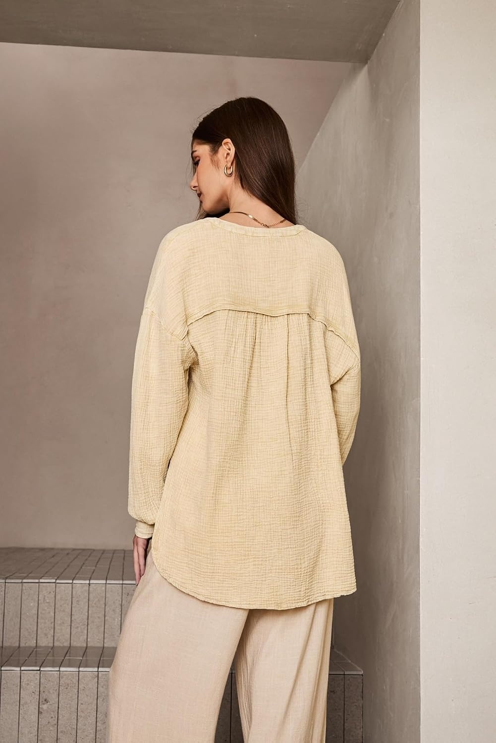 image:imageDokotoo Long Sleeve Shirts for Women Casual V Neck Oversized Blouses TopsApricot
