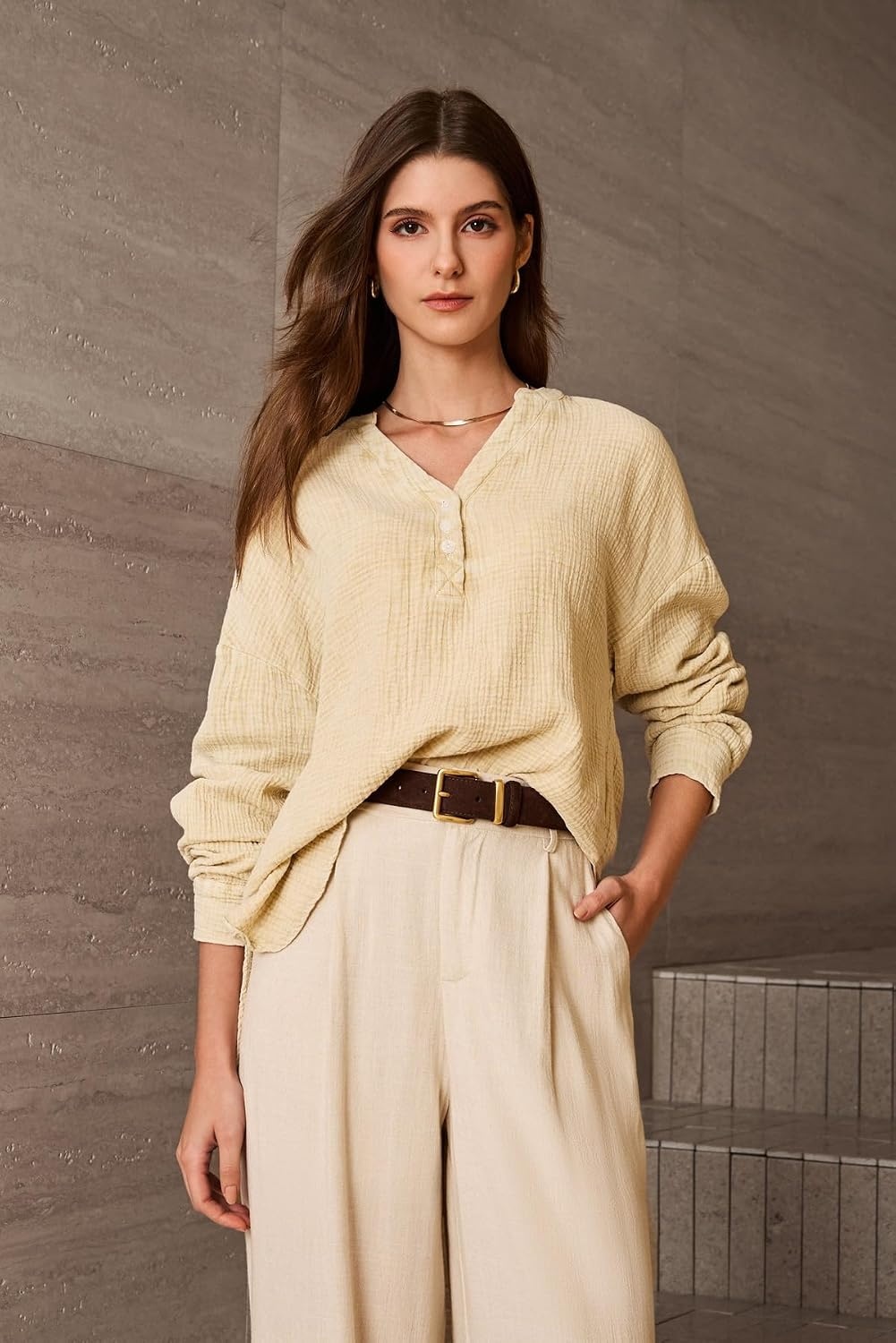 image:imageDokotoo Long Sleeve Shirts for Women Casual V Neck Oversized Blouses TopsApricot