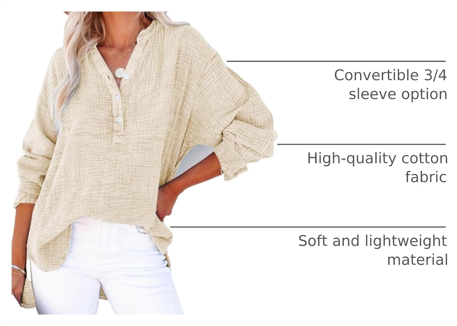 image:imageDokotoo Long Sleeve Shirts for Women Casual V Neck Oversized Blouses TopsApricot