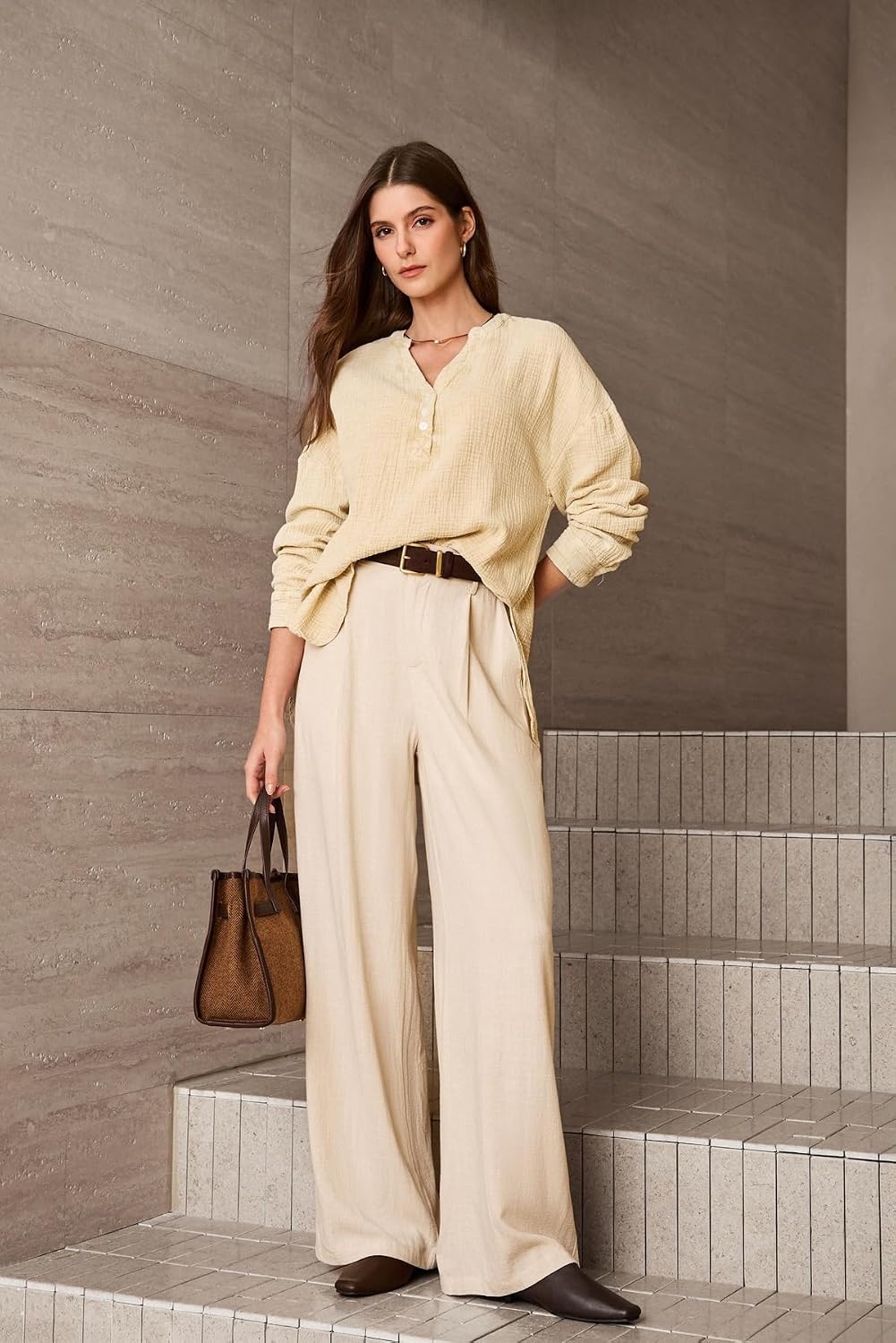 image:imageDokotoo Long Sleeve Shirts for Women Casual V Neck Oversized Blouses TopsApricot