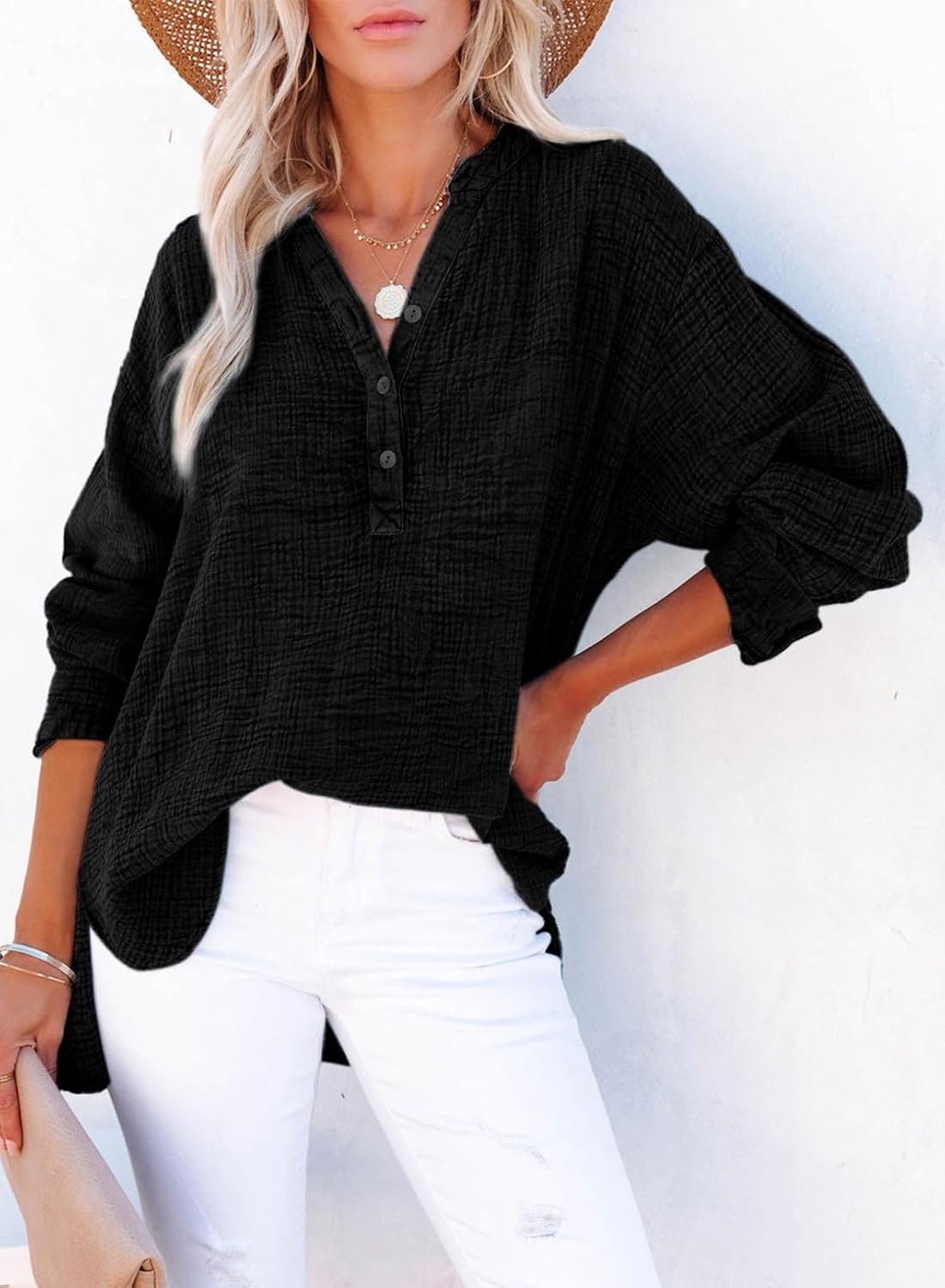 image:imageDokotoo Long Sleeve Shirts for Women Casual V Neck Oversized Blouses TopsBlack