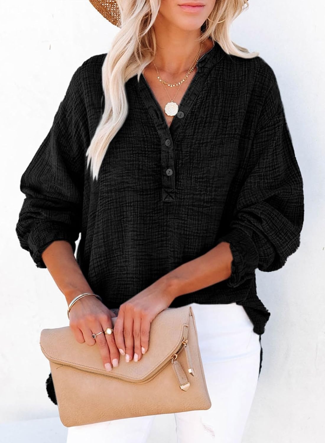image:imageDokotoo Long Sleeve Shirts for Women Casual V Neck Oversized Blouses TopsBlack