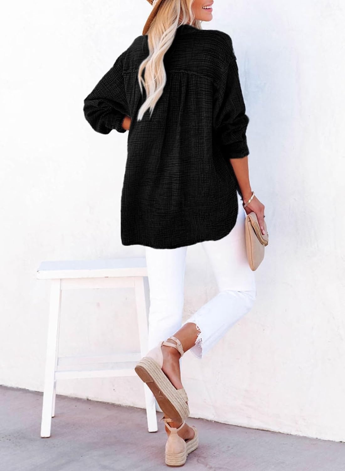 image:imageDokotoo Long Sleeve Shirts for Women Casual V Neck Oversized Blouses TopsBlack