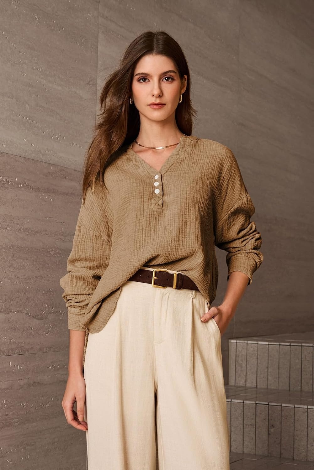 image:imageDokotoo Long Sleeve Shirts for Women Casual V Neck Oversized Blouses TopsBrown