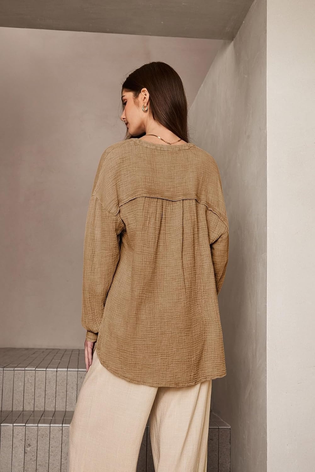 image:imageDokotoo Long Sleeve Shirts for Women Casual V Neck Oversized Blouses TopsBrown