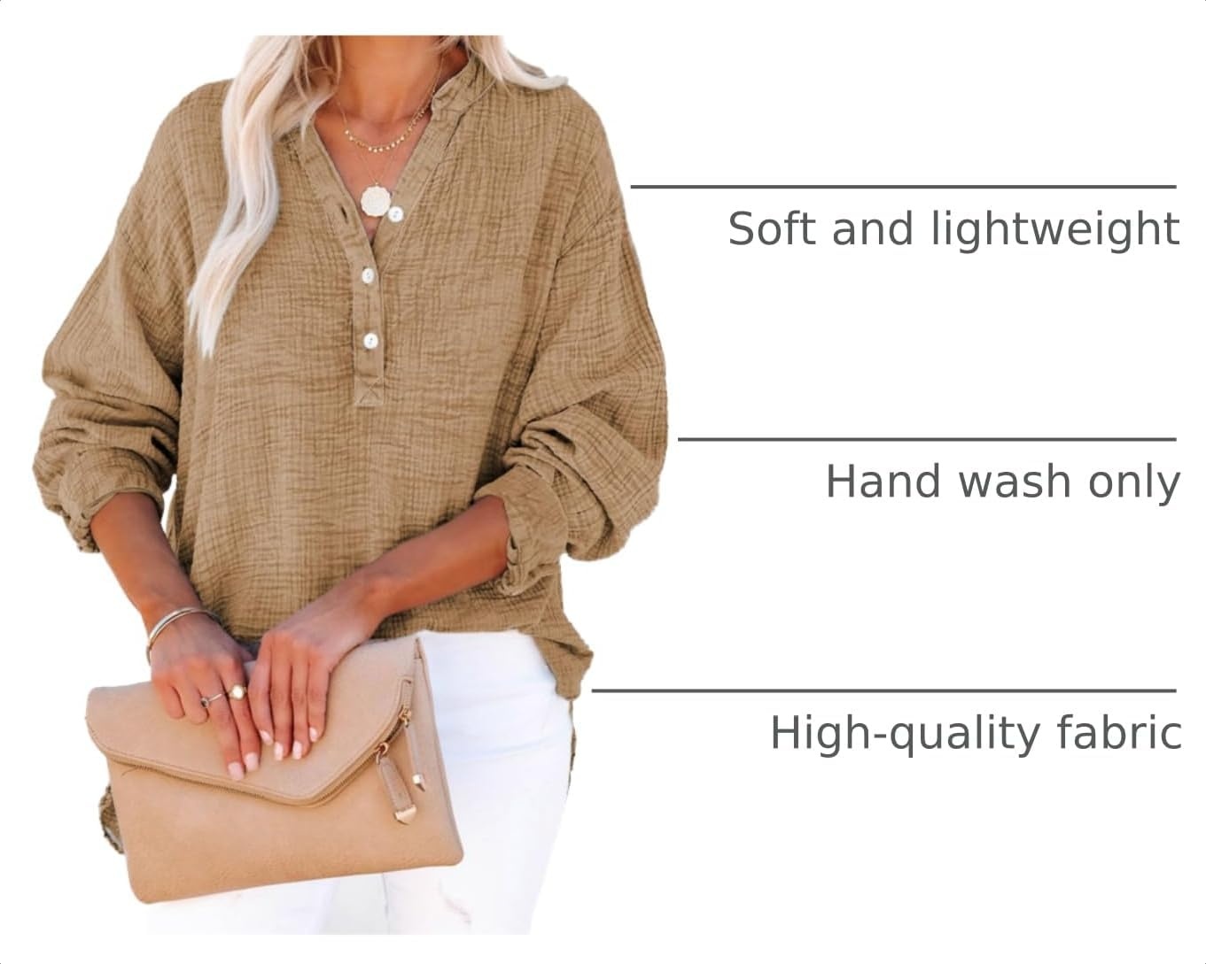 image:imageDokotoo Long Sleeve Shirts for Women Casual V Neck Oversized Blouses TopsBrown