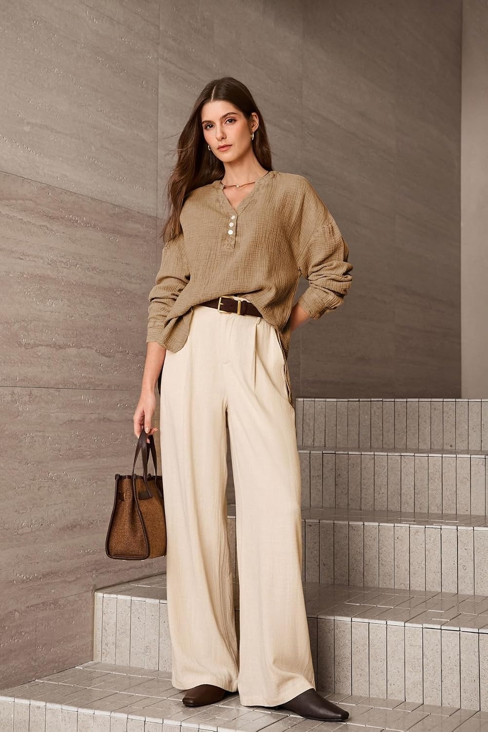 image:imageDokotoo Long Sleeve Shirts for Women Casual V Neck Oversized Blouses TopsBrown