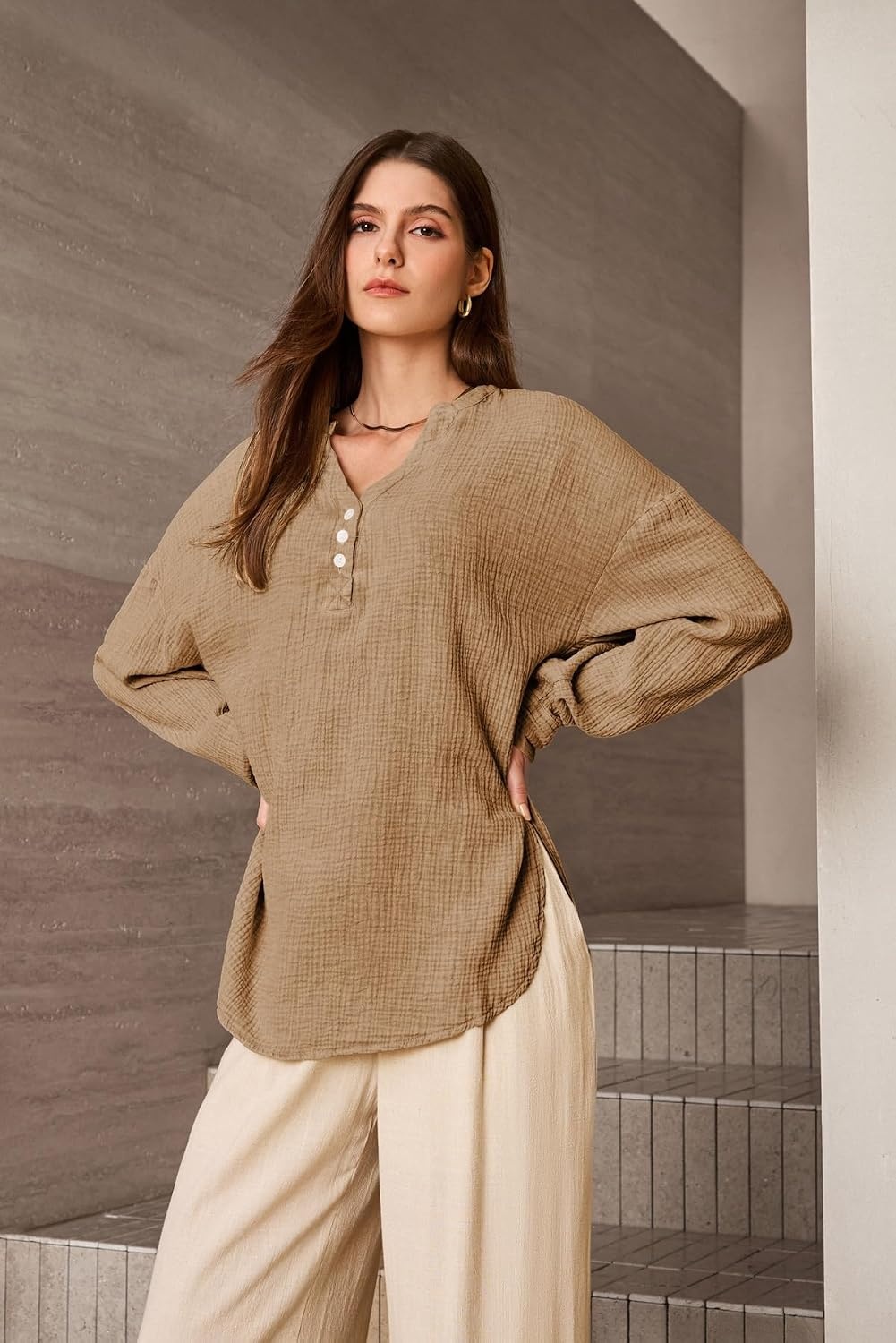 image:imageDokotoo Long Sleeve Shirts for Women Casual V Neck Oversized Blouses TopsBrown