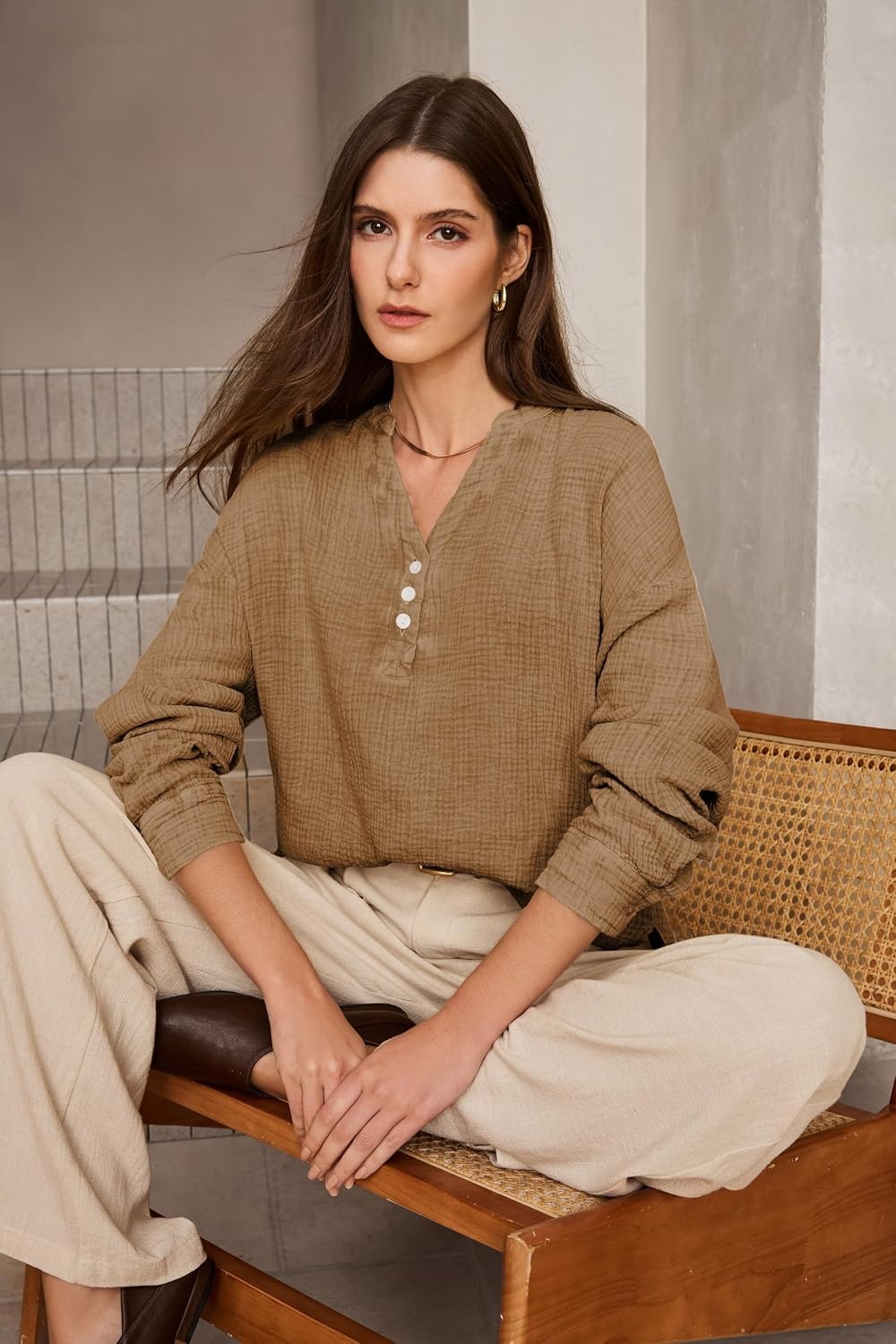 image:imageDokotoo Long Sleeve Shirts for Women Casual V Neck Oversized Blouses TopsBrown