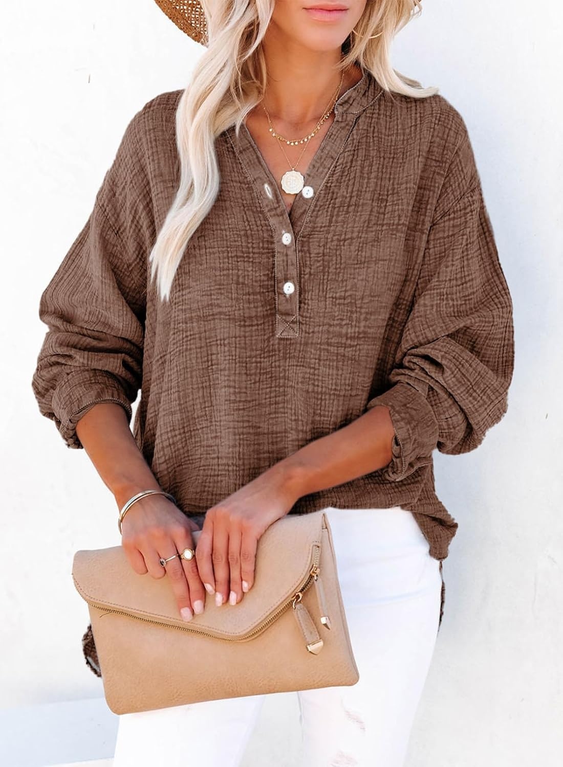 image:imageDokotoo Long Sleeve Shirts for Women Casual V Neck Oversized Blouses TopsCoffee