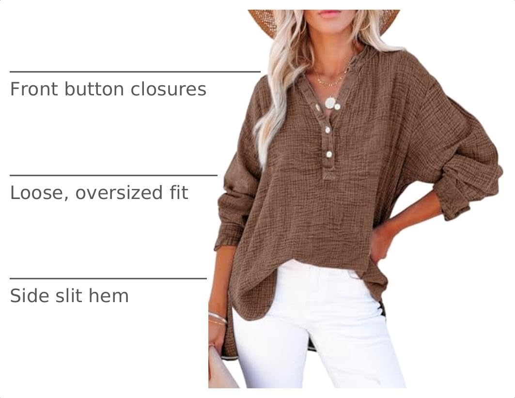 image:imageDokotoo Long Sleeve Shirts for Women Casual V Neck Oversized Blouses TopsCoffee