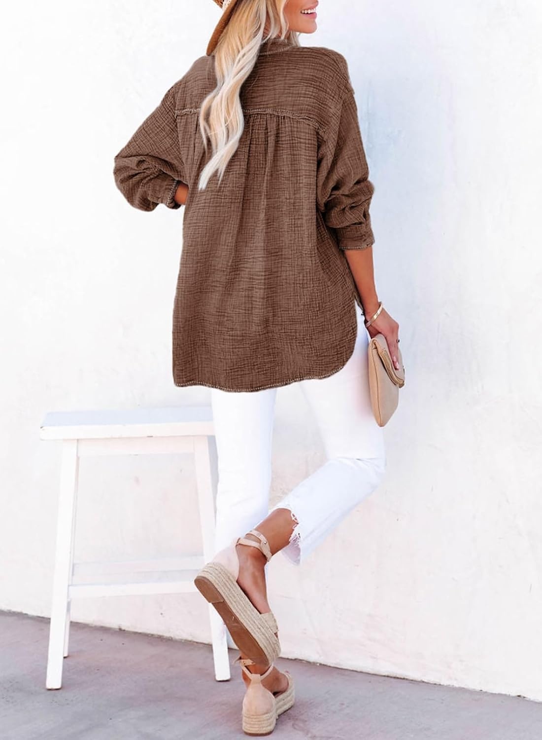 image:imageDokotoo Long Sleeve Shirts for Women Casual V Neck Oversized Blouses TopsCoffee