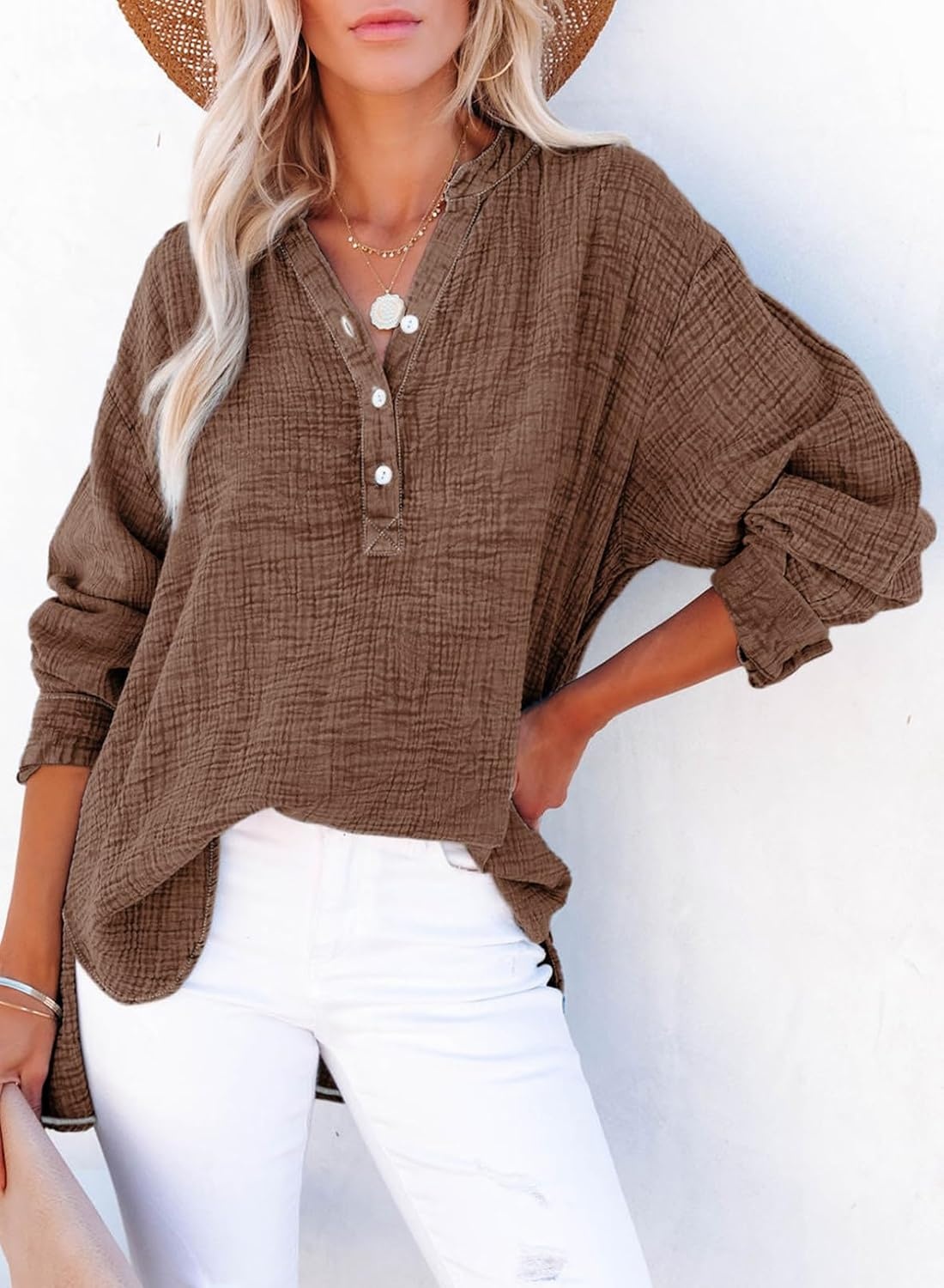 image:imageDokotoo Long Sleeve Shirts for Women Casual V Neck Oversized Blouses TopsCoffee