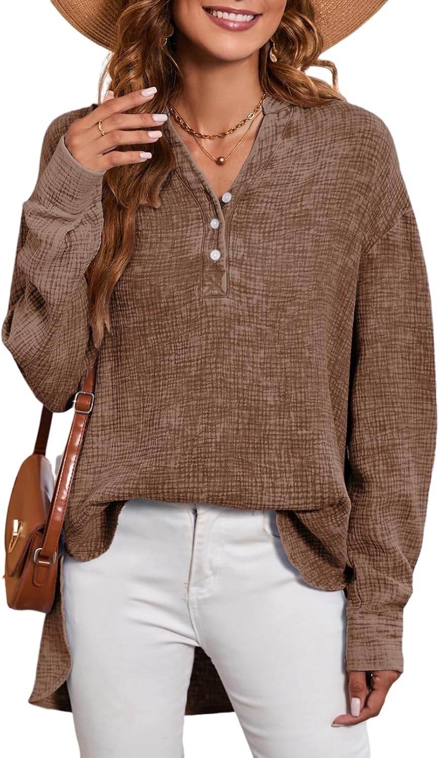 image:imageDokotoo Long Sleeve Shirts for Women Casual V Neck Oversized Blouses TopsCoffee