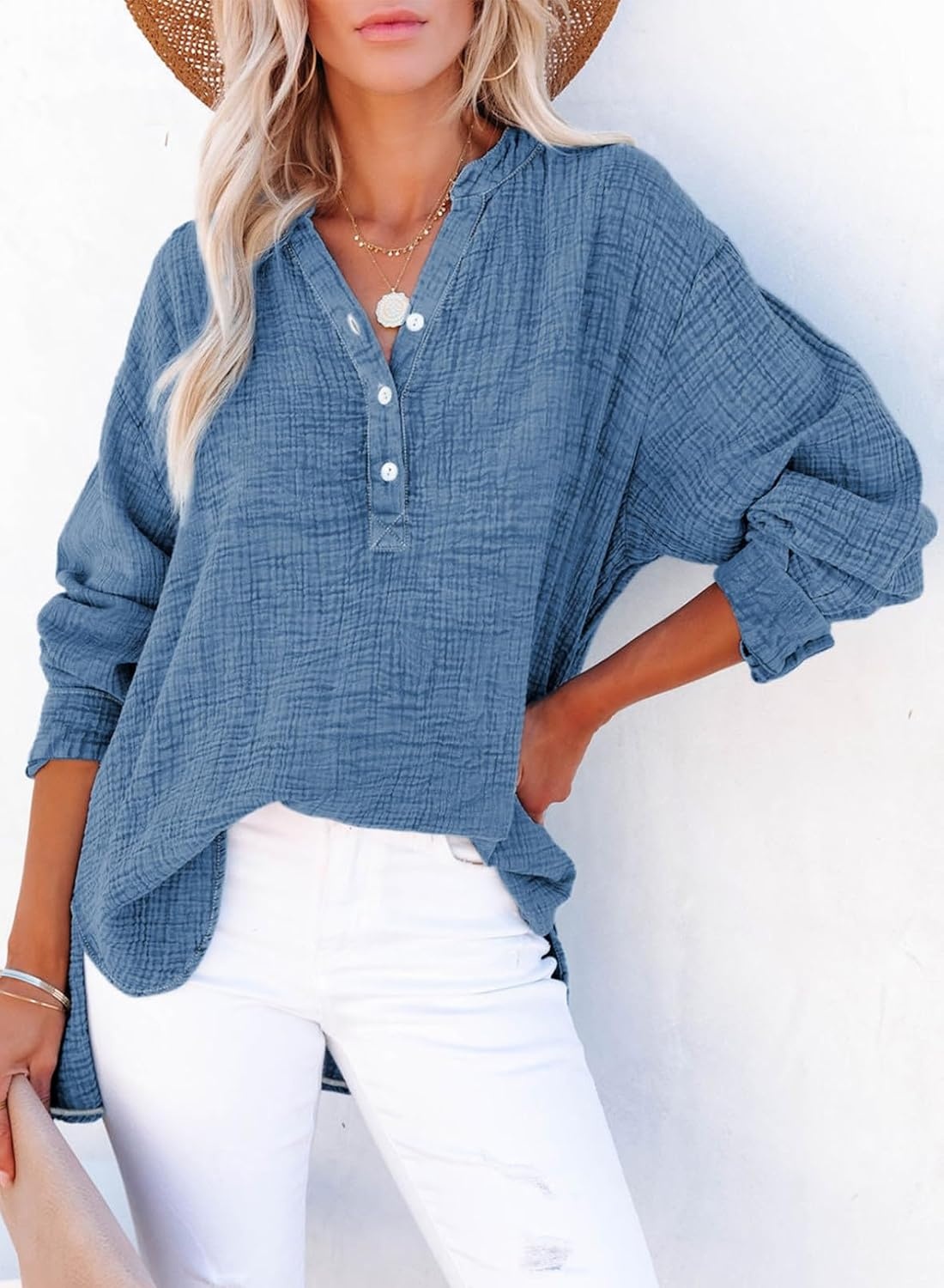 image:imageDokotoo Long Sleeve Shirts for Women Casual V Neck Oversized Blouses TopsDark Blue