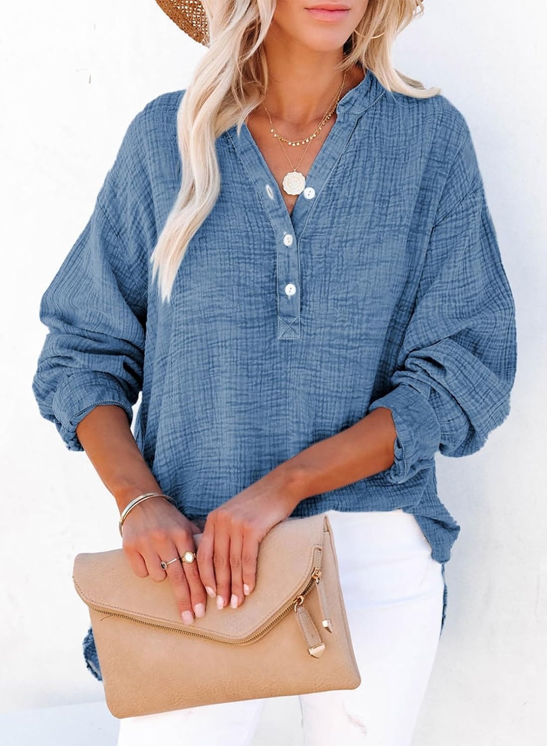 image:imageDokotoo Long Sleeve Shirts for Women Casual V Neck Oversized Blouses TopsDark Blue