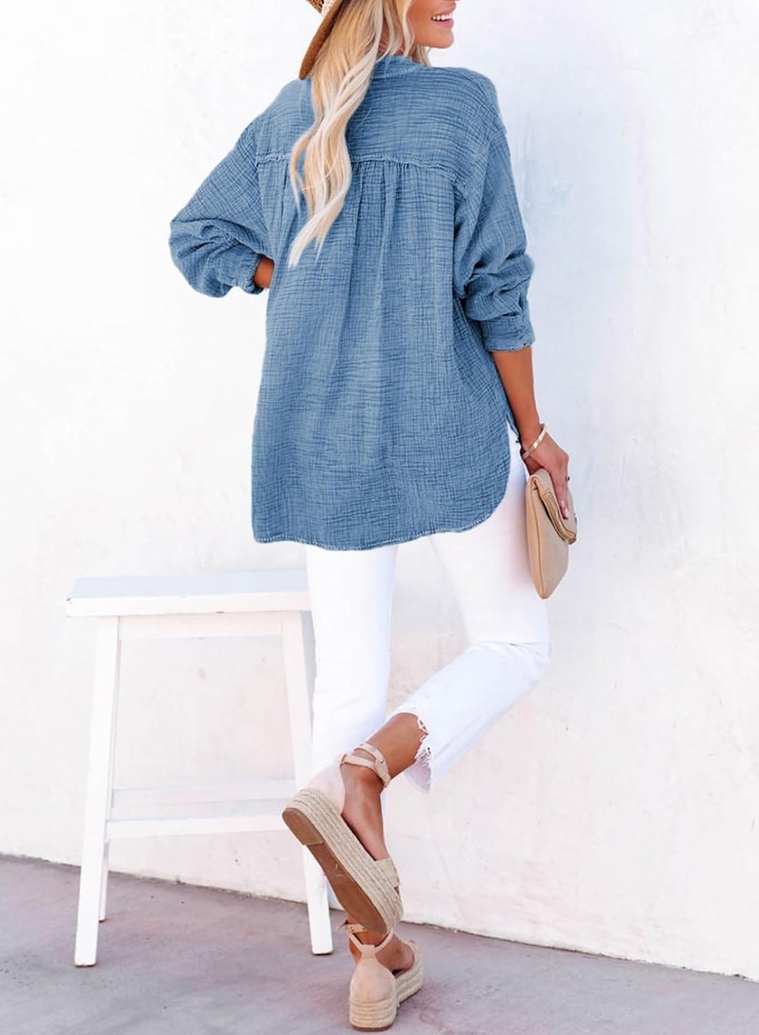 image:imageDokotoo Long Sleeve Shirts for Women Casual V Neck Oversized Blouses TopsDark Blue